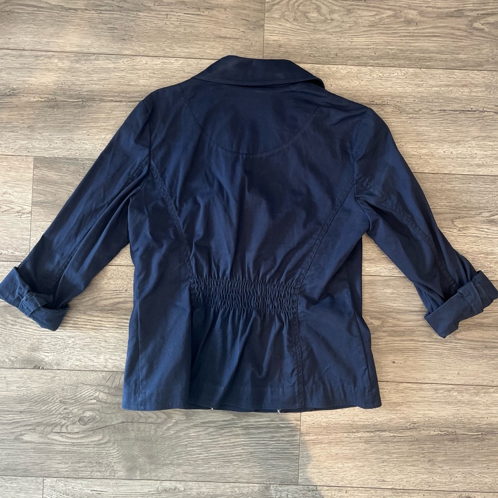 Charter Club Navy Blue Utility Jacket Gold Buttons Roll Tab Sleeve Petite Medium - Picture 2 of 6